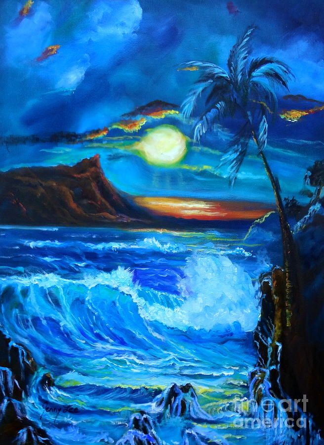 Diamond Head by Moonlight Painting by Jenny Lee