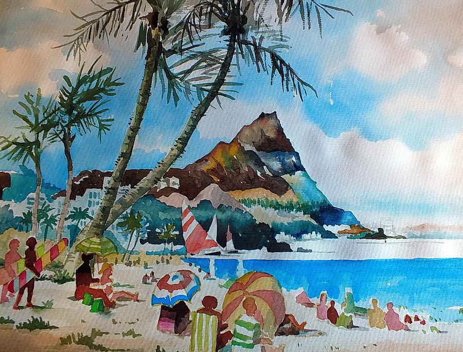 Beach Painting - Diamond Head   Honululu by Val Byrne