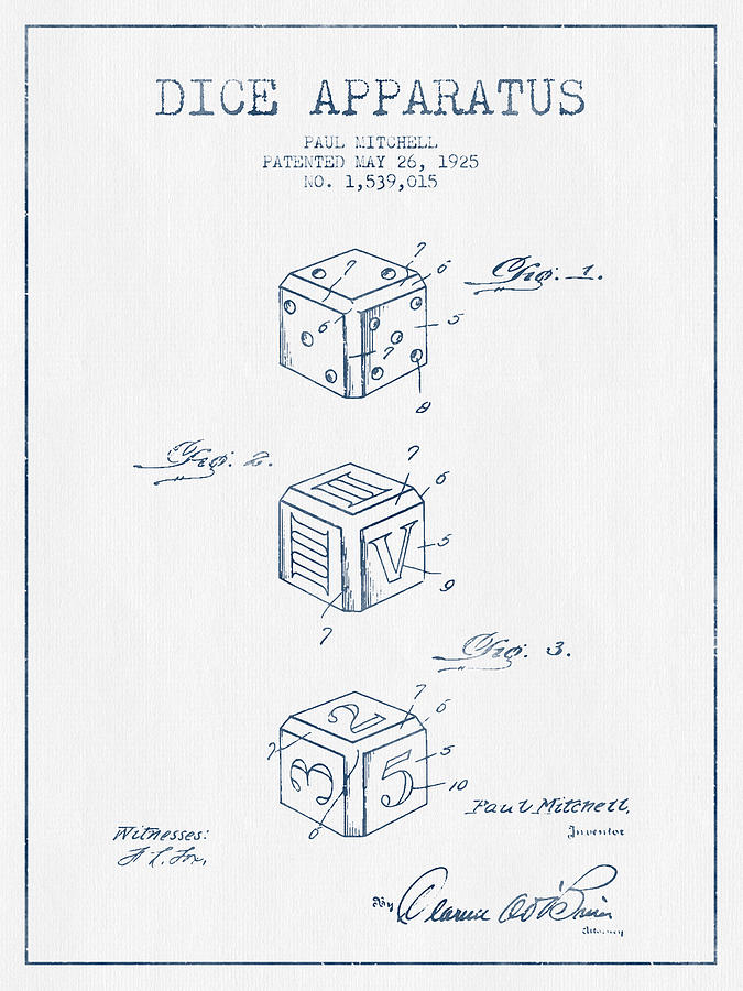 Dice Digital Art - Dice Apparatus Patent from 1925 - Blue Ink by Aged Pixel