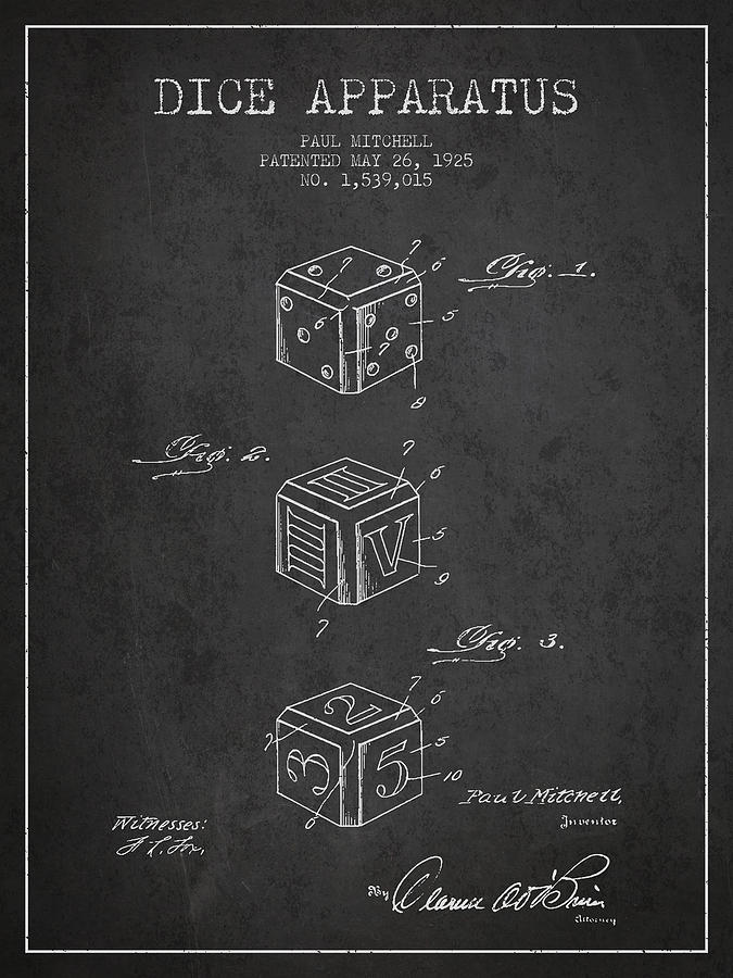 Dice Digital Art - Dice Apparatus Patent from 1925 - Dark by Aged Pixel