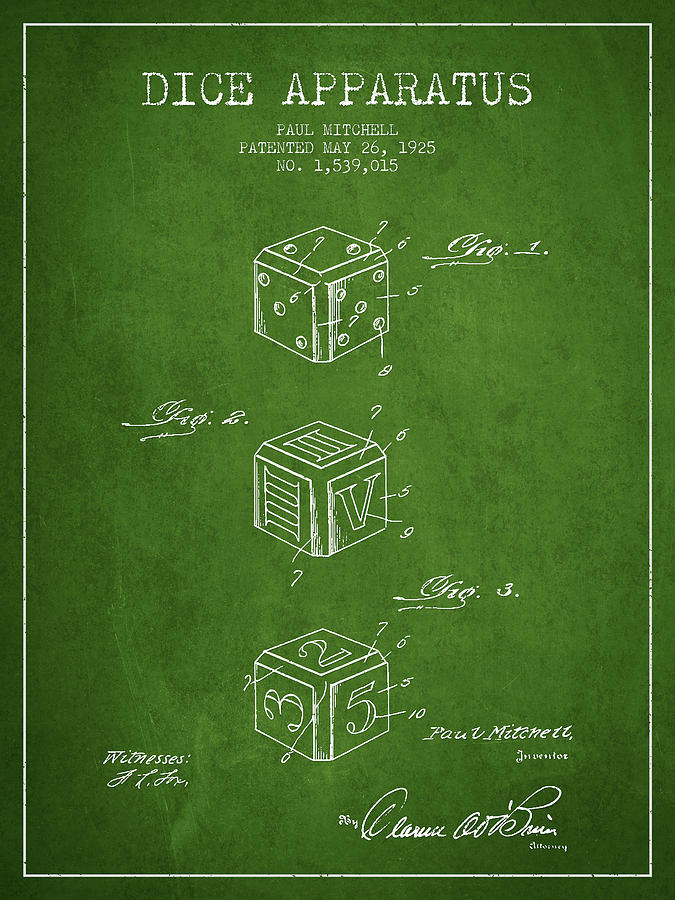 Dice Digital Art - Dice Apparatus Patent from 1925 - Green by Aged Pixel