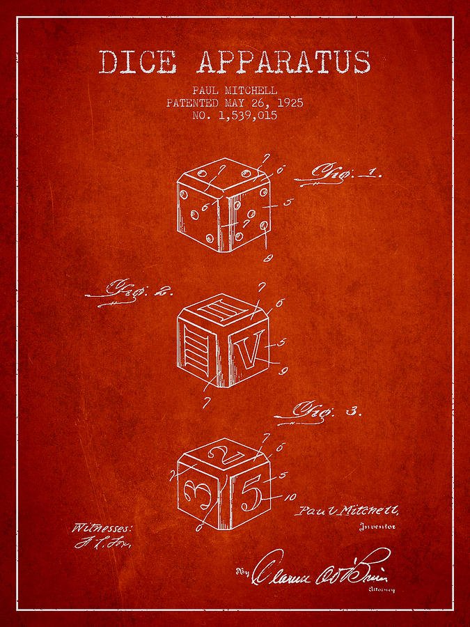 Dice Digital Art - Dice Apparatus Patent from 1925 - Red by Aged Pixel