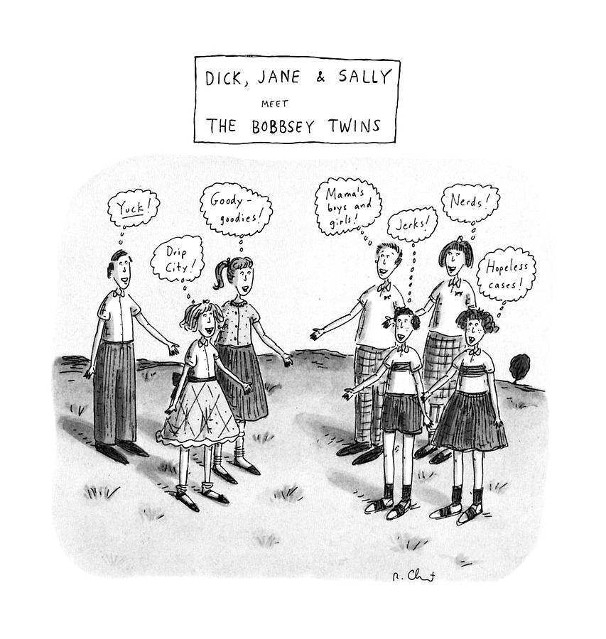Dick, Jane & Sally Meet The Bobbsy Twins Drawing by Roz Chast