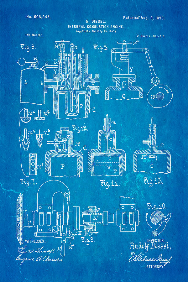 Car Photograph - Diesel Internal Combustion Engine Patent Art 1898 Blueprint by Ian Monk