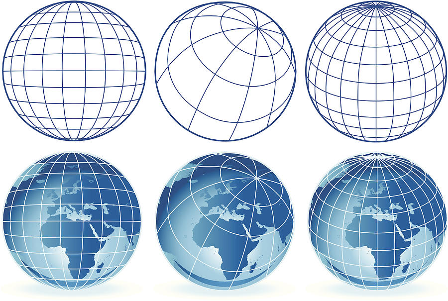 different wireframe globes Europe and Africa Drawing by Kathykonkle