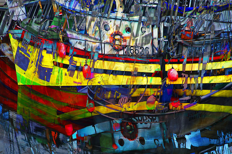 Digital abstract composition of a Yellow Boat in a Harbor Photograph by Randall Nyhof