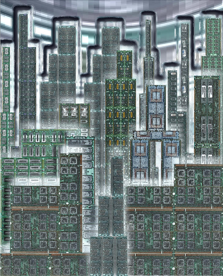 Skyline Digital Art - Digital Circuit Board Cityscape 3b - Hazy by Luis Fournier