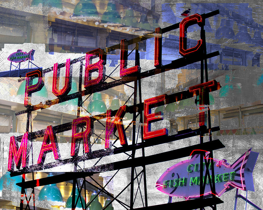 Public Market Digital Art - Digital collage from PIkes Market SEattle by Cathy Anderson