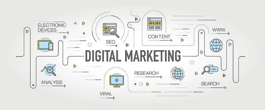 Digital Marketing banner and icons Drawing by Enis Aksoy