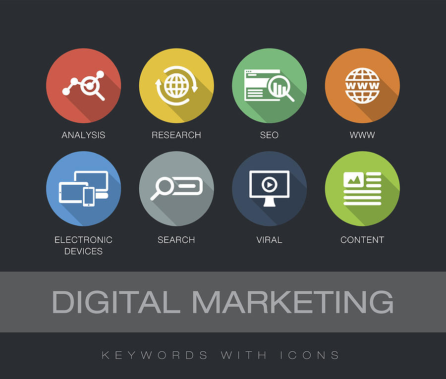 Digital Marketing keywords with icons Drawing by Enisaksoy
