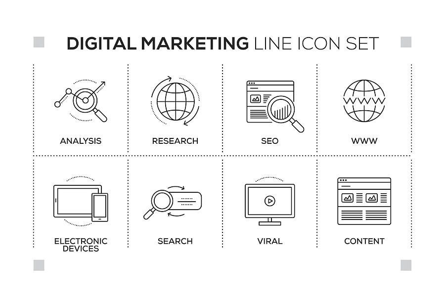 Digital Marketing keywords with monochrome line icons Drawing by Enis Aksoy