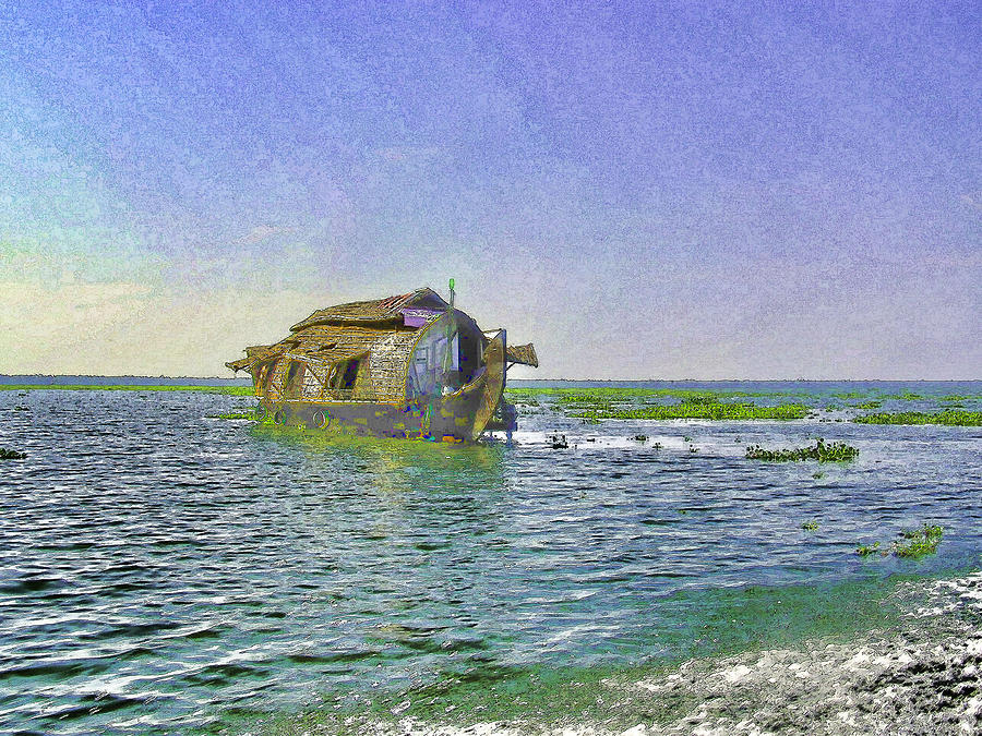 Digital Oil Painting - A houseboat moving placidly through a coastal lagoon in Alleppey Digital Art by Ashish Agarwal