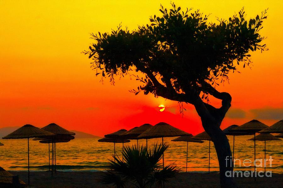 Abstract Digital Art - Digital painting of beach umbrellas and a tree at sunset by Ken Biggs