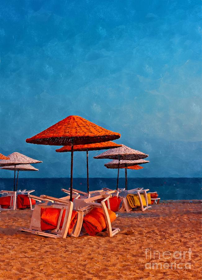 Abstract Digital Art - Digital painting of colorful beach umbrellas on a deserted beach by Ken Biggs
