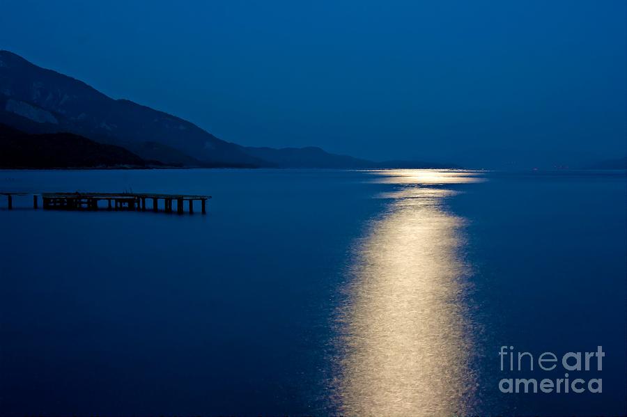 Digital Painting Of Harvest Moon Reflected On The Ocean At Night