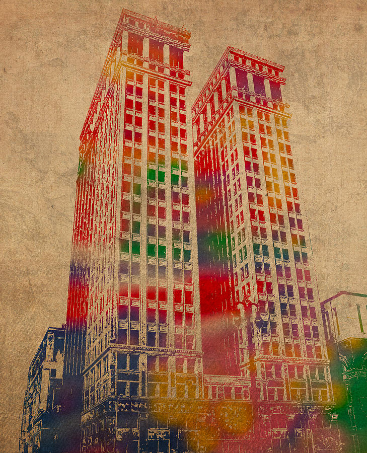 Detroit Mixed Media - Dime Building Iconic Buildings of Detroit Watercolor on Worn Canvas Series Number 1 by Design Turnpike