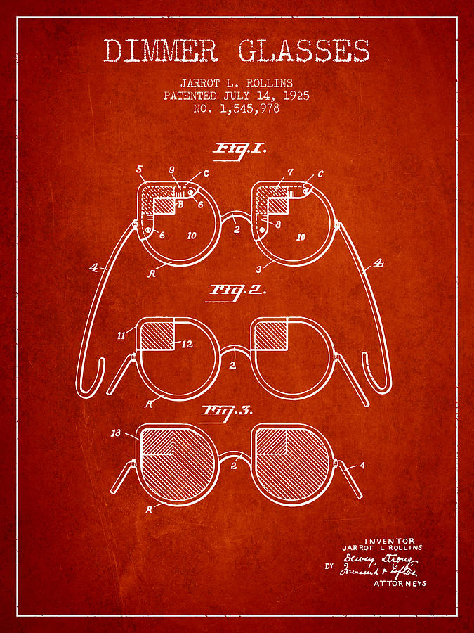 Vintage Digital Art - Dimmer Glasses Patent from 1925 - Red by Aged Pixel