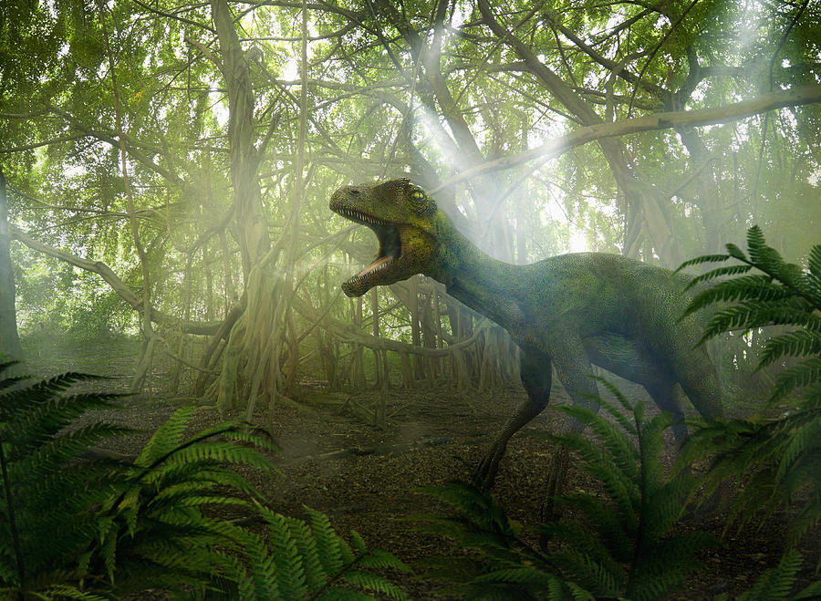 Dinosaur roaring in prehistoric jungle Photograph by Colin Anderson Productions pty ltd