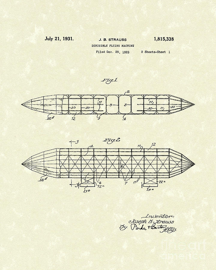 Dirigible 1931 Patent Art Drawing by Prior Art Design