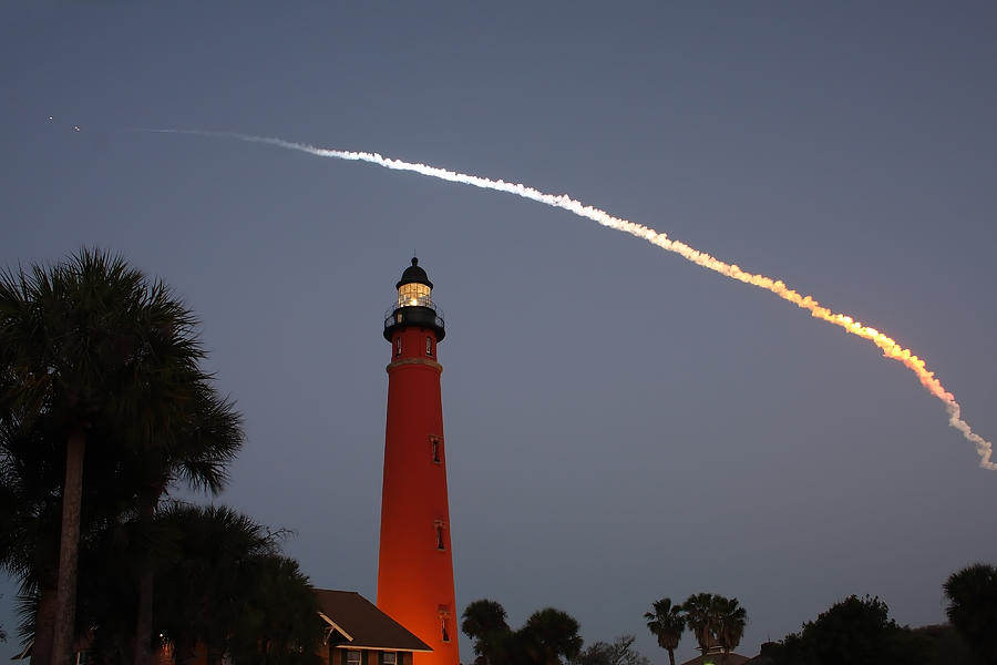 Discovery Booster Separation over Ponce Inlet Lighthouse Photograph by Paul Rebmann