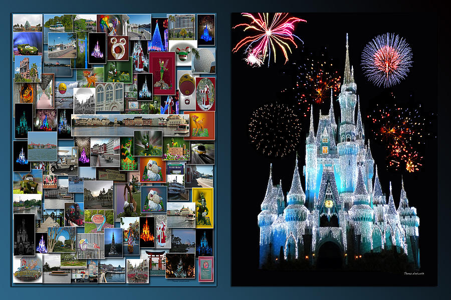 Disney World Castle Fireworks And Collage 2 Panel Photograph by Thomas Woolworth