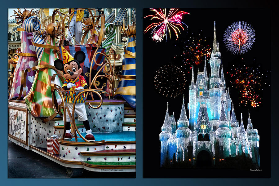 Disney World Castle Fireworks And Mickey On Parade 2 Panel Photograph by Thomas Woolworth
