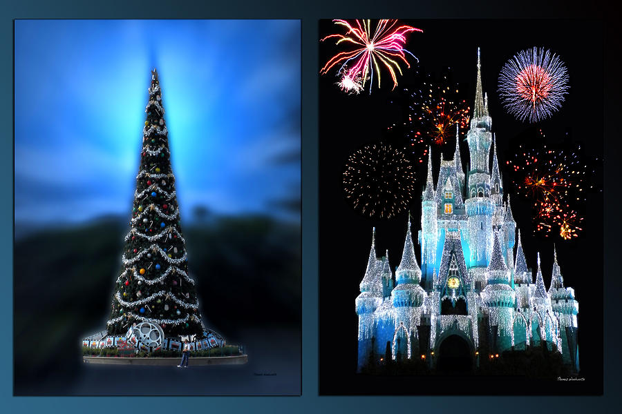 Disney World Castle Fireworks And Xmas Tree 2 Panel Photograph by Thomas Woolworth