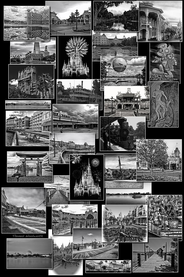 Castle Photograph - Disney World Collage In Black and White by Thomas Woolworth