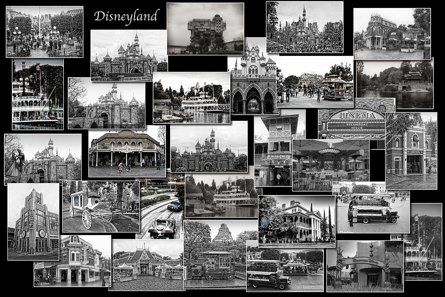 Castle Photograph - Disneyland CA Black And White Collage by Thomas Woolworth