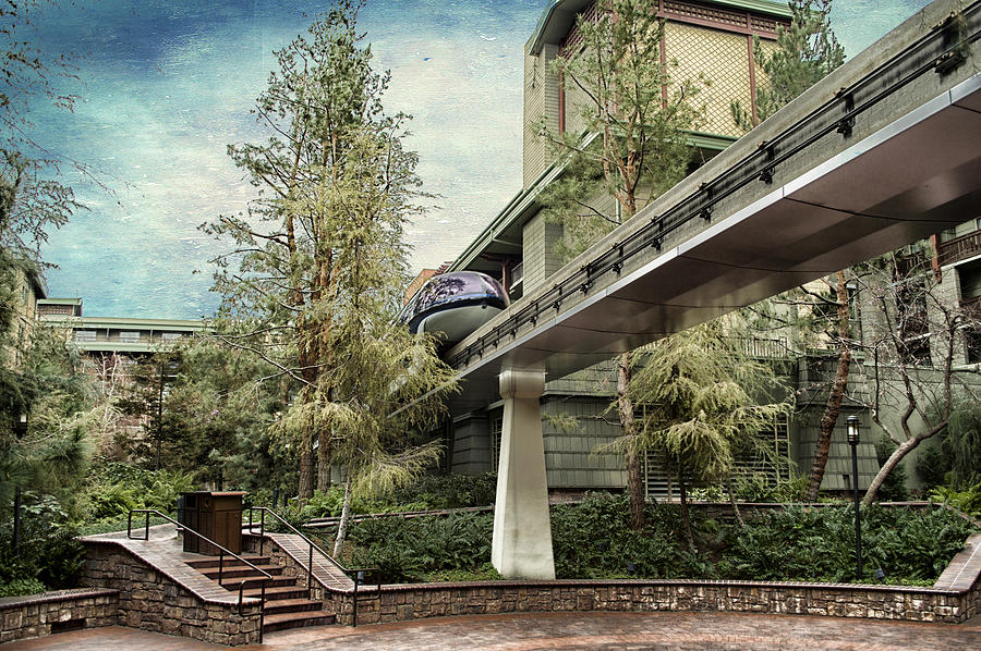 Disneyland Grand Californian Hotel Courtyard Monorail Textured Sky Photograph by Thomas Woolworth
