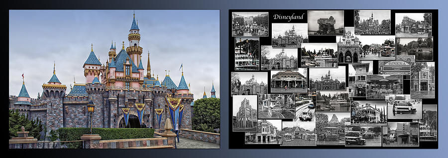 Disneyland Sleeping Beauty Castle And Black And White Collage 2 Panel Photograph by Thomas Woolworth
