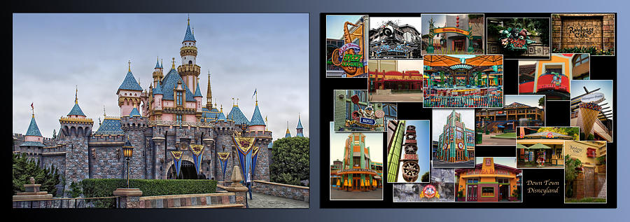 Disneyland Sleeping Beauty Castle And Downtown Collage 2 Panel Photograph by Thomas Woolworth
