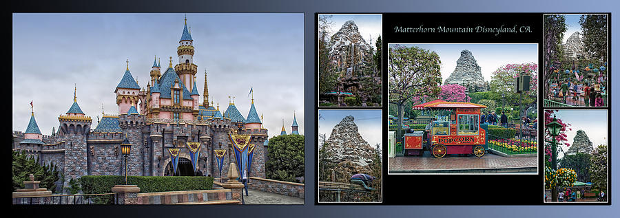 Disneyland Sleeping Beauty Castle And Matterhorn Collage 2 Panel Photograph by Thomas Woolworth