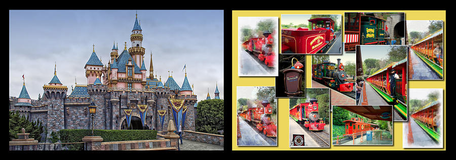 Disneyland Sleeping Beauty Castle And Train Collage 2 Panel Photograph by Thomas Woolworth