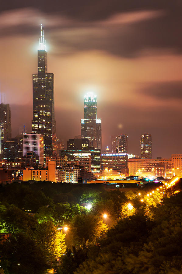 Chicago Photograph - Distant Lights - Chicago Illinois Skyline by Gregory Ballos