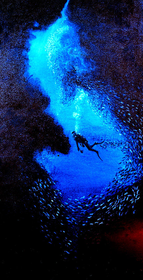 Diver in a cave with glass fish Painting by Mackenzie Moulton