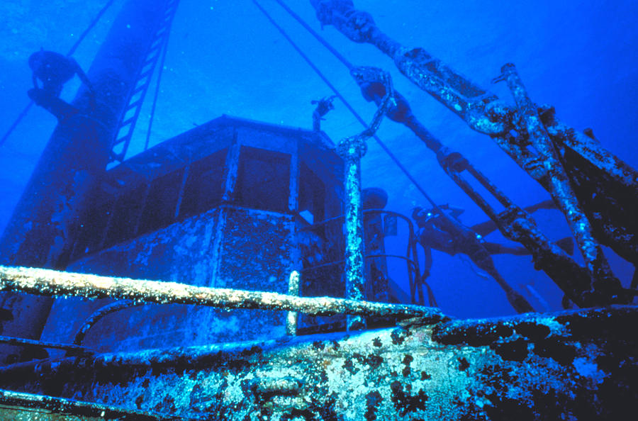 Diver On Sunken Ship In Bermuda Photograph