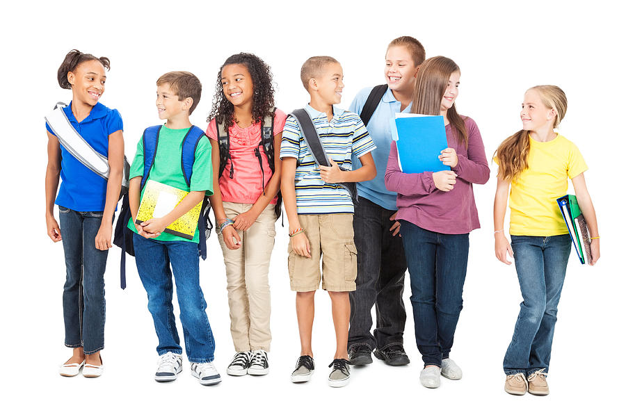 Diverse friends before school, isolated on white Photograph by Steve Debenport