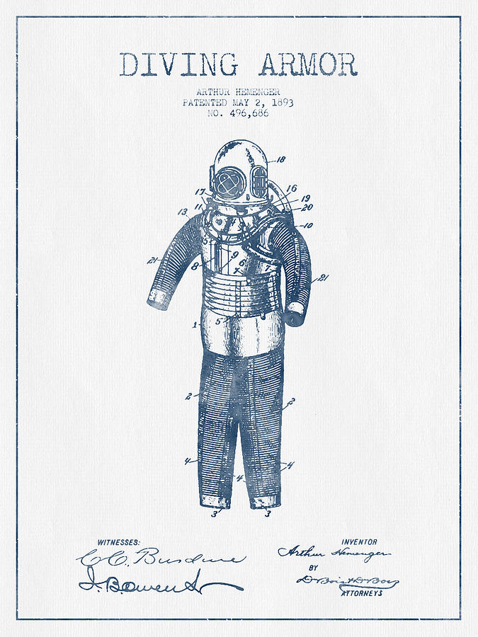 Vintage Digital Art - Diving Armor Patent Drawing from 1893  -  Blue Ink by Aged Pixel