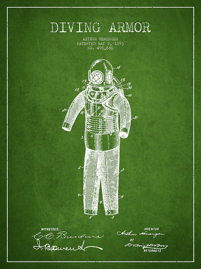 Vintage Digital Art - Diving Armor Patent Drawing from 1893 - Green by Aged Pixel