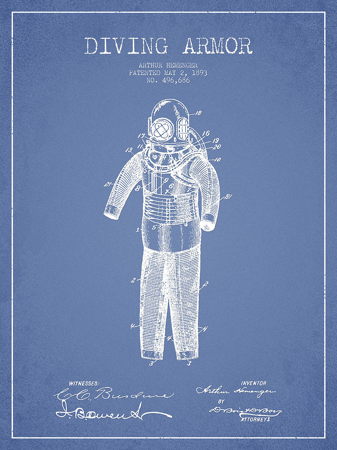 Vintage Digital Art - Diving Armor Patent Drawing from 1893 - Light Blue by Aged Pixel