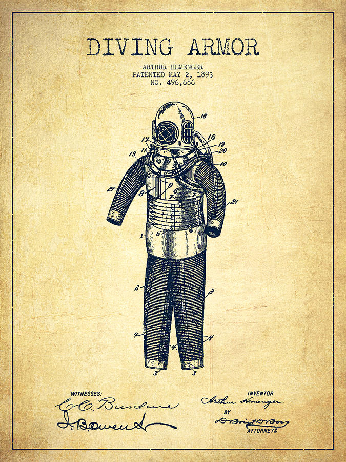 Vintage Digital Art - Diving Armor Patent Drawing from 1893 - Vintage by Aged Pixel