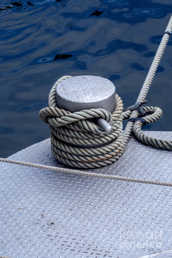 Boat Photograph - Dock Bollard with Grey Boat Rope by Iris Richardson