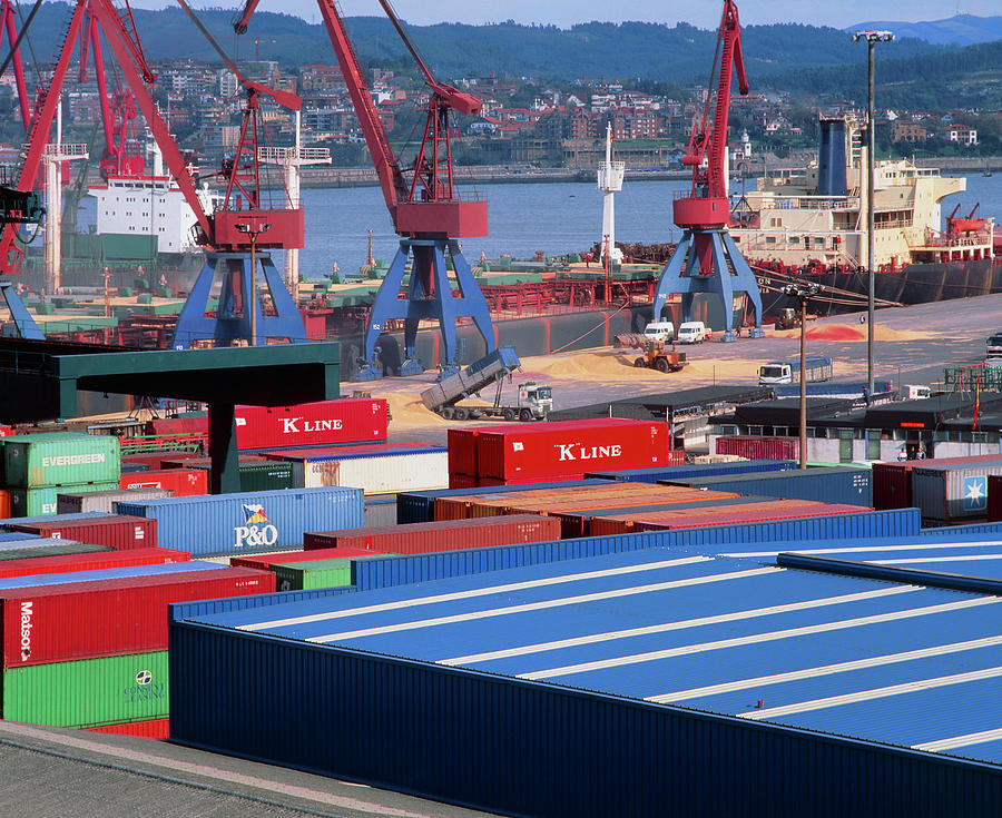 Docks At A Container Port With Containers & Cranes Photograph by Simon Fraser/science Photo Library