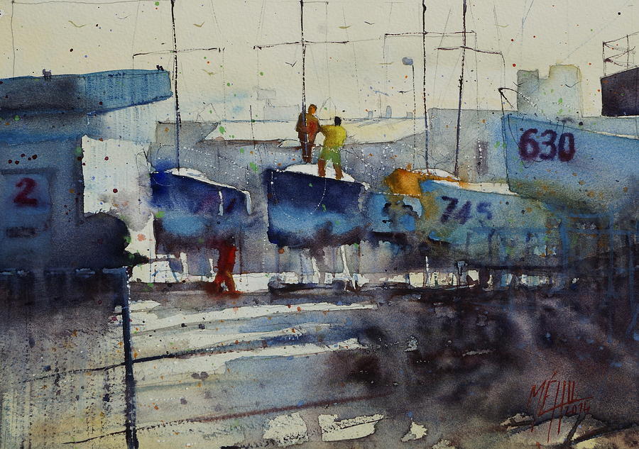 Landscape Painting - Dockyard at Keroman by Andre MEHU