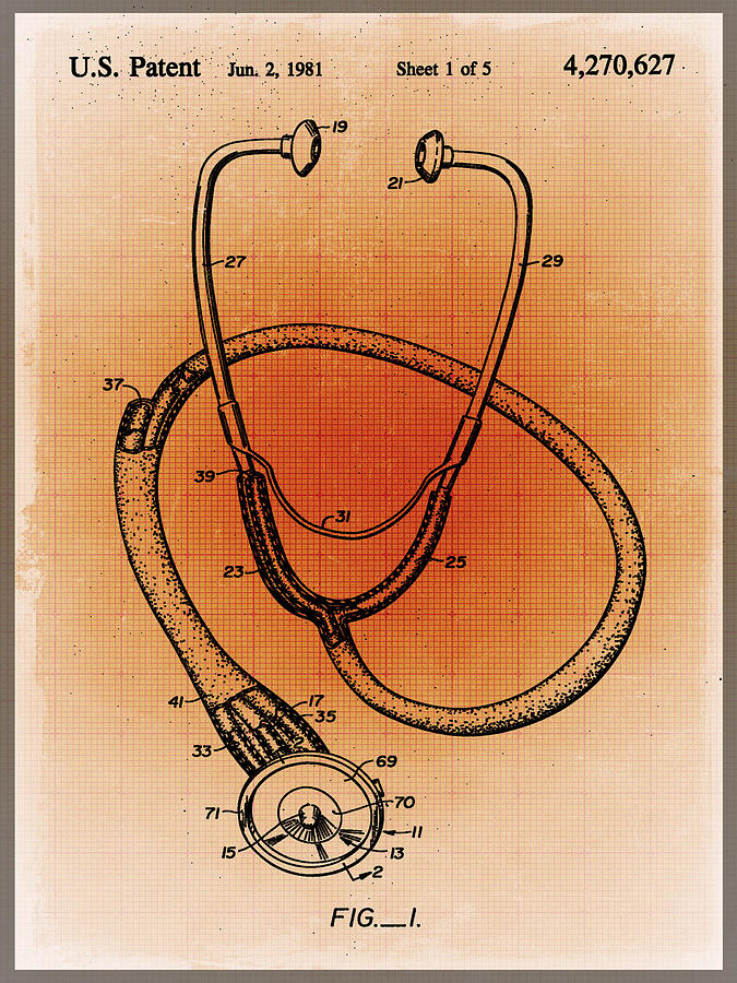 Doctor Stethoscope 1 Patent Blueprint Drawing Sepia Drawing by Tony Rubino