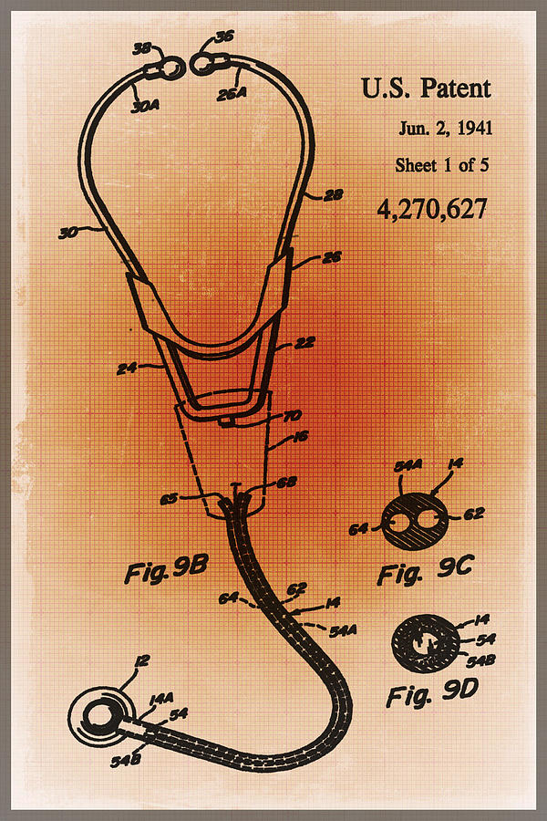 Doctor Stethoscope 2 Patent Blueprint Drawing Sepia Mixed Media by Tony Rubino