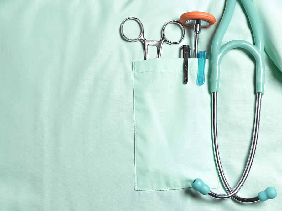 Doctors pockets with medical instruments. Photograph by Peter Dazeley