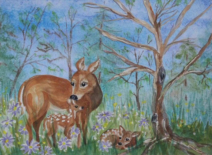 Doe and Fawns in the Wildflowers Painting by Ellen Levinson
