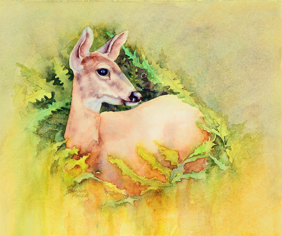 Doe in Ferns Painting by Bonnie Rinier